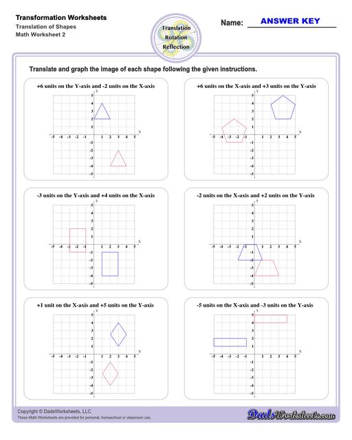 These transformation math worksheets practice rotation, reflection and translation transformations of geometric shapes on a coordinate plane. These worksheets are perfect practice exercises for 5th, 6th and 7th grade geometry students.  Transformation Translation Of Shapes V2