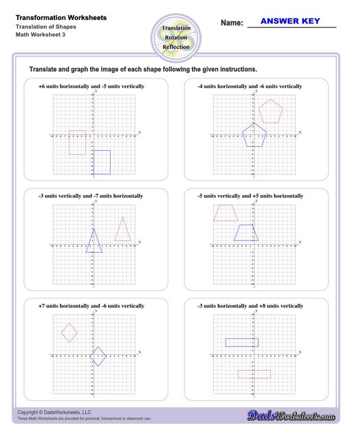 These transformation math worksheets practice rotation, reflection and translation transformations of geometric shapes on a coordinate plane. These worksheets are perfect practice exercises for 5th, 6th and 7th grade geometry students.  Transformation Translation Of Shapes V3
