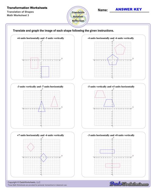 These transformation math worksheets practice rotation, reflection and translation transformations of geometric shapes on a coordinate plane. These worksheets are perfect practice exercises for 5th, 6th and 7th grade geometry students.  Transformation Translation Of Shapes V3