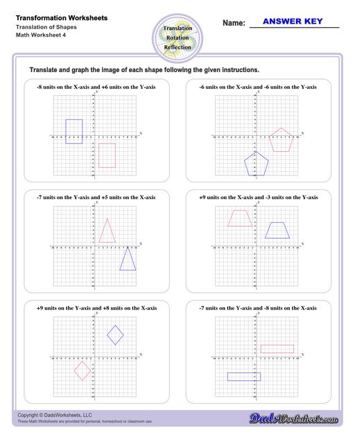 These transformation math worksheets practice rotation, reflection and translation transformations of geometric shapes on a coordinate plane. These worksheets are perfect practice exercises for 5th, 6th and 7th grade geometry students.  Transformation Translation Of Shapes V4