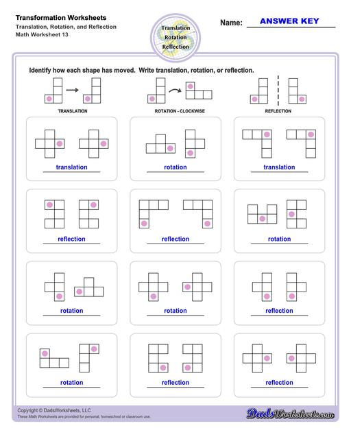 These transformation math worksheets practice rotation, reflection and translation transformations of geometric shapes on a coordinate plane. These worksheets are perfect practice exercises for 5th, 6th and 7th grade geometry students.  Transformation Translation Rotation Reflection V1