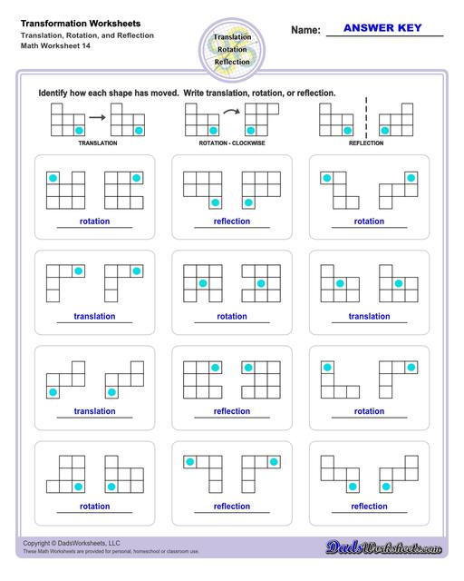 These transformation math worksheets practice rotation, reflection and translation transformations of geometric shapes on a coordinate plane. These worksheets are perfect practice exercises for 5th, 6th and 7th grade geometry students.  Transformation Translation Rotation Reflection V2