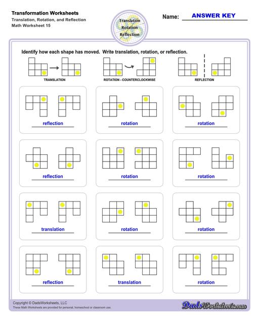 These transformation math worksheets practice rotation, reflection and translation transformations of geometric shapes on a coordinate plane. These worksheets are perfect practice exercises for 5th, 6th and 7th grade geometry students.  Transformation Translation Rotation Reflection V3