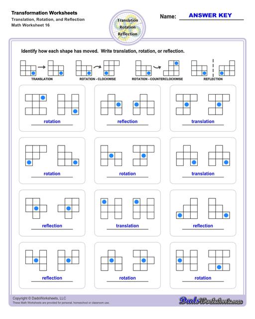 These transformation math worksheets practice rotation, reflection and translation transformations of geometric shapes on a coordinate plane. These worksheets are perfect practice exercises for 5th, 6th and 7th grade geometry students.  Transformation Translation Rotation Reflection V4