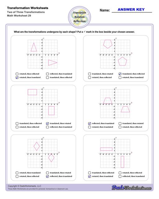 These transformation math worksheets practice rotation, reflection and translation transformations of geometric shapes on a coordinate plane. These worksheets are perfect practice exercises for 5th, 6th and 7th grade geometry students.  Transformation Two Of Three Transformations V1