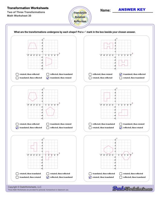 These transformation math worksheets practice rotation, reflection and translation transformations of geometric shapes on a coordinate plane. These worksheets are perfect practice exercises for 5th, 6th and 7th grade geometry students.  Transformation Two Of Three Transformations V2