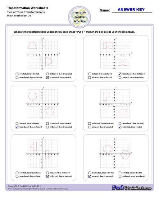 These transformation math worksheets practice rotation, reflection and translation transformations of geometric shapes on a coordinate plane. These worksheets are perfect practice exercises for 5th, 6th and 7th grade geometry students.  Transformation Two Of Three Transformations V2