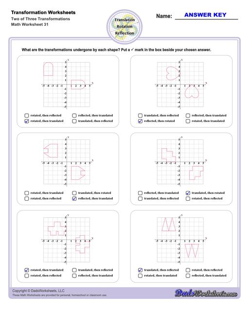 These transformation math worksheets practice rotation, reflection and translation transformations of geometric shapes on a coordinate plane. These worksheets are perfect practice exercises for 5th, 6th and 7th grade geometry students.  Transformation Two Of Three Transformations V3