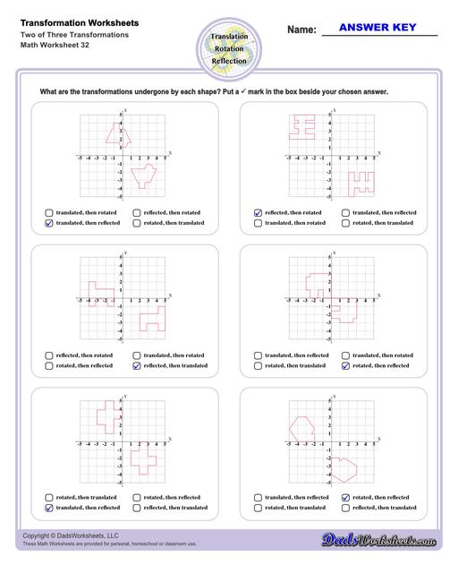 These transformation math worksheets practice rotation, reflection and translation transformations of geometric shapes on a coordinate plane. These worksheets are perfect practice exercises for 5th, 6th and 7th grade geometry students.  Transformation Two Of Three Transformations V4