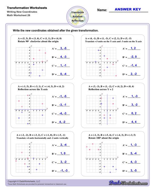 These transformation math worksheets practice rotation, reflection and translation transformations of geometric shapes on a coordinate plane. These worksheets are perfect practice exercises for 5th, 6th and 7th grade geometry students.  Transformation Writing New Coordinates V2