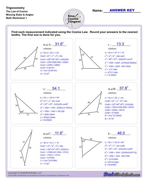 10th and 11th grade trignometry problems with triangles using the sine, cosine, tangent functions. These worksheets include problems involving right-angled triangles and functions are used to solve for the other interior angles.  Trigonometry Cosine Law Missing Angle Side V1