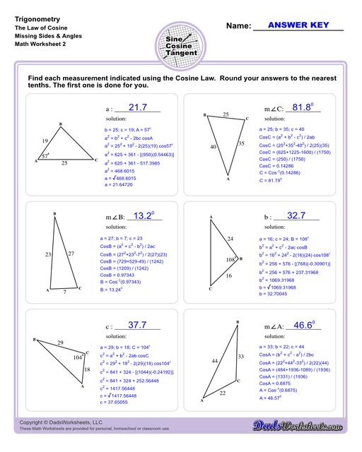 10th and 11th grade trignometry problems with triangles using the sine, cosine, tangent functions. These worksheets include problems involving right-angled triangles and functions are used to solve for the other interior angles.  Trigonometry Cosine Law Missing Angle Side V2
