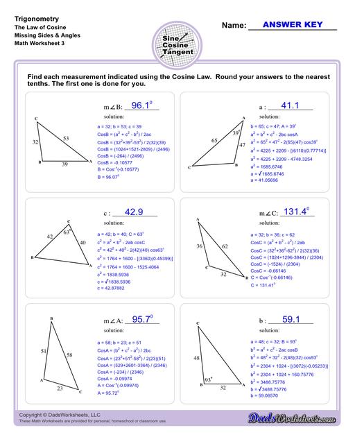 10th and 11th grade trignometry problems with triangles using the sine, cosine, tangent functions. These worksheets include problems involving right-angled triangles and functions are used to solve for the other interior angles.  Trigonometry Cosine Law Missing Angle Side V3