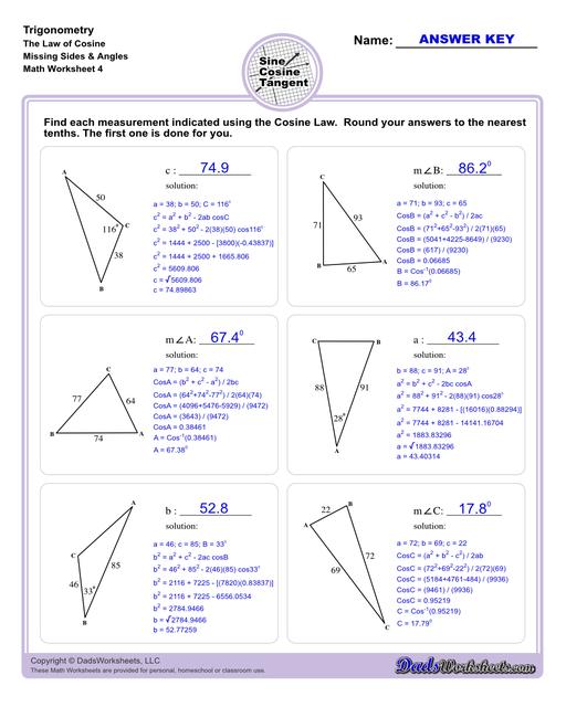 10th and 11th grade trignometry problems with triangles using the sine, cosine, tangent functions. These worksheets include problems involving right-angled triangles and functions are used to solve for the other interior angles.  Trigonometry Cosine Law Missing Angle Side V4