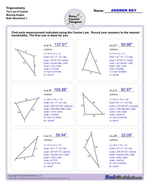10th and 11th grade trignometry problems with triangles using the sine, cosine, tangent functions. These worksheets include problems involving right-angled triangles and functions are used to solve for the other interior angles.  Trigonometry Cosine Law Missing Angle V1