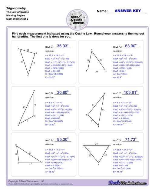 10th and 11th grade trignometry problems with triangles using the sine, cosine, tangent functions. These worksheets include problems involving right-angled triangles and functions are used to solve for the other interior angles.  Trigonometry Cosine Law Missing Angle V2