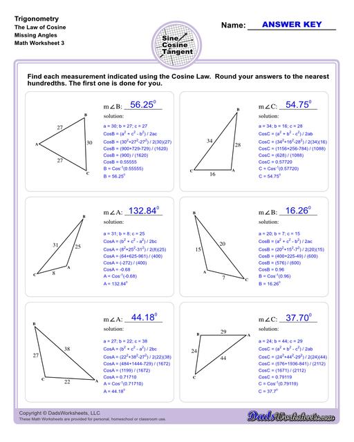 10th and 11th grade trignometry problems with triangles using the sine, cosine, tangent functions. These worksheets include problems involving right-angled triangles and functions are used to solve for the other interior angles.  Trigonometry Cosine Law Missing Angle V3
