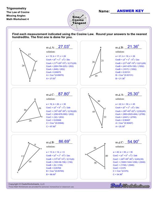 10th and 11th grade trignometry problems with triangles using the sine, cosine, tangent functions. These worksheets include problems involving right-angled triangles and functions are used to solve for the other interior angles.  Trigonometry Cosine Law Missing Angle V4