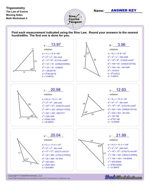 10th and 11th grade trignometry problems with triangles using the sine, cosine, tangent functions. These worksheets include problems involving right-angled triangles and functions are used to solve for the other interior angles.  Trigonometry Cosine Law Missing Side V2
