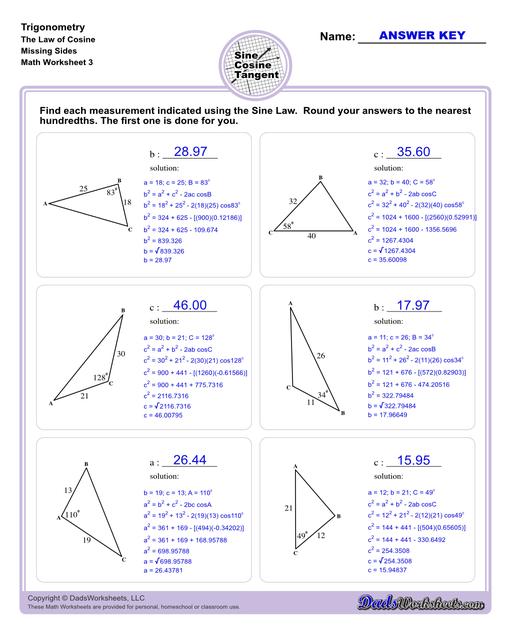 10th and 11th grade trignometry problems with triangles using the sine, cosine, tangent functions. These worksheets include problems involving right-angled triangles and functions are used to solve for the other interior angles.  Trigonometry Cosine Law Missing Side V3