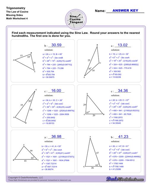 10th and 11th grade trignometry problems with triangles using the sine, cosine, tangent functions. These worksheets include problems involving right-angled triangles and functions are used to solve for the other interior angles.  Trigonometry Cosine Law Missing Side V4