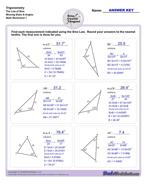 10th and 11th grade trignometry problems with triangles using the sine, cosine, tangent functions. These worksheets include problems involving right-angled triangles and functions are used to solve for the other interior angles.  Trigonometry Sine Law Missing Angle Side V1