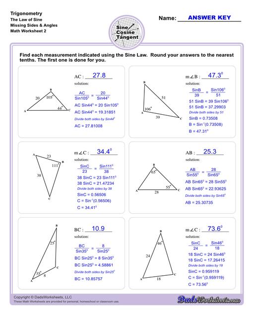 10th and 11th grade trignometry problems with triangles using the sine, cosine, tangent functions. These worksheets include problems involving right-angled triangles and functions are used to solve for the other interior angles.  Trigonometry Sine Law Missing Angle Side V2