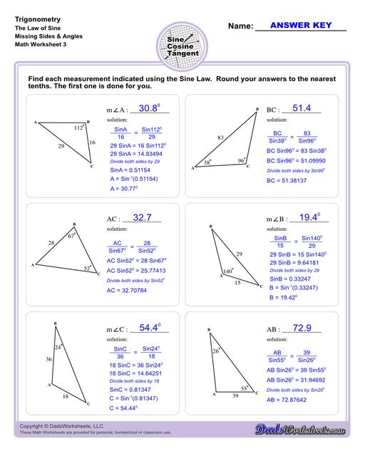 10th and 11th grade trignometry problems with triangles using the sine, cosine, tangent functions. These worksheets include problems involving right-angled triangles and functions are used to solve for the other interior angles.  Trigonometry Sine Law Missing Angle Side V3