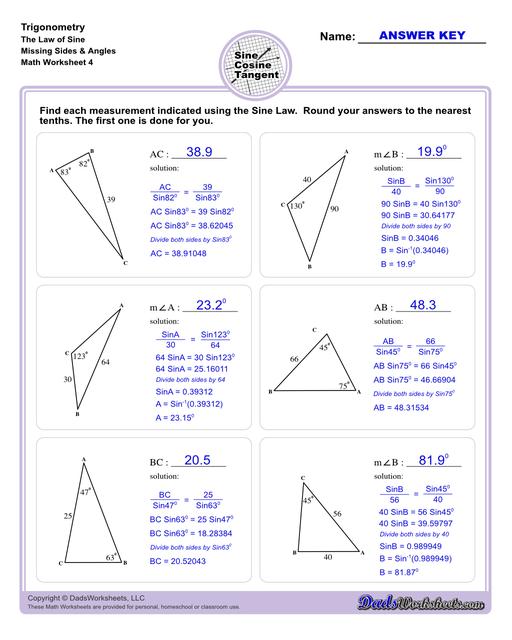 10th and 11th grade trignometry problems with triangles using the sine, cosine, tangent functions. These worksheets include problems involving right-angled triangles and functions are used to solve for the other interior angles.  Trigonometry Sine Law Missing Angle Side V4