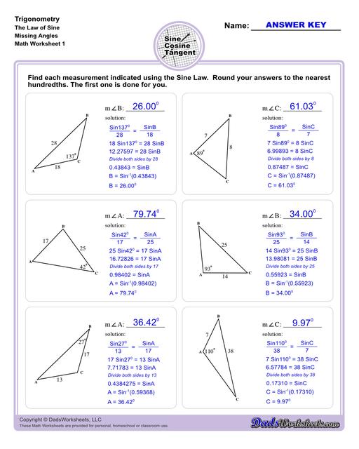 10th and 11th grade trignometry problems with triangles using the sine, cosine, tangent functions. These worksheets include problems involving right-angled triangles and functions are used to solve for the other interior angles.  Trigonometry Sine Law Missing Angle V1