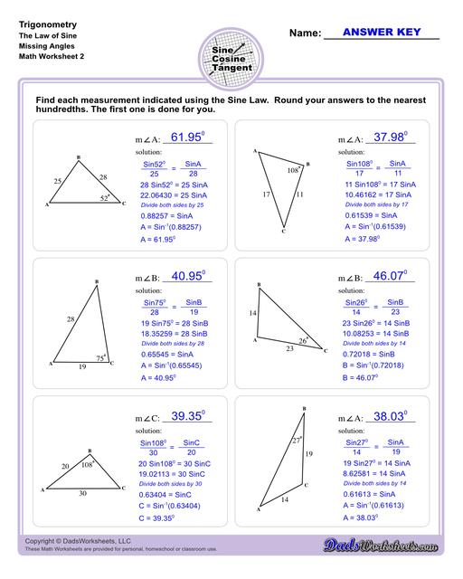 10th and 11th grade trignometry problems with triangles using the sine, cosine, tangent functions. These worksheets include problems involving right-angled triangles and functions are used to solve for the other interior angles.  Trigonometry Sine Law Missing Angle V2