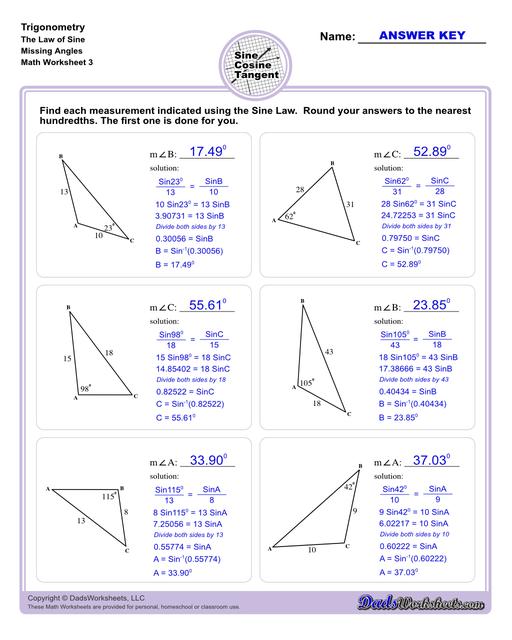 10th and 11th grade trignometry problems with triangles using the sine, cosine, tangent functions. These worksheets include problems involving right-angled triangles and functions are used to solve for the other interior angles.  Trigonometry Sine Law Missing Angle V3