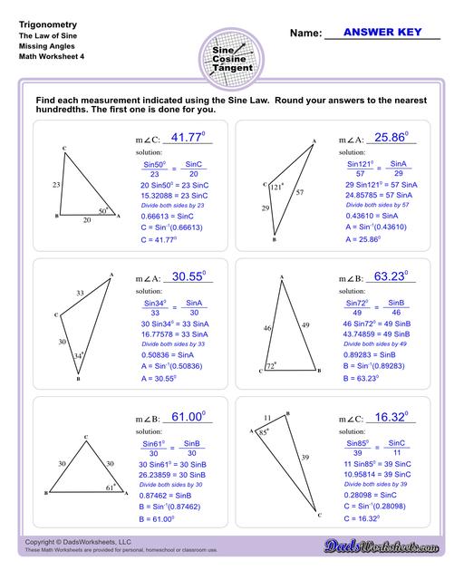 10th and 11th grade trignometry problems with triangles using the sine, cosine, tangent functions. These worksheets include problems involving right-angled triangles and functions are used to solve for the other interior angles.  Trigonometry Sine Law Missing Angle V4