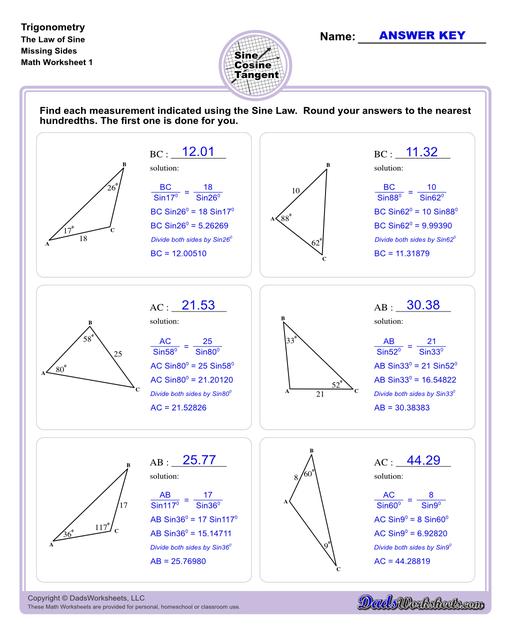 10th and 11th grade trignometry problems with triangles using the sine, cosine, tangent functions. These worksheets include problems involving right-angled triangles and functions are used to solve for the other interior angles.  Trigonometry Sine Law Missing Side V1