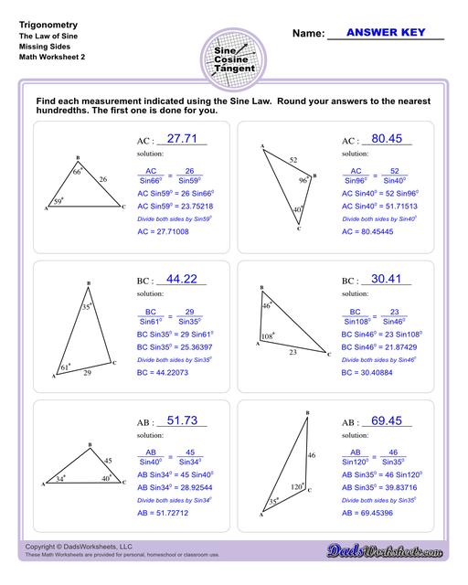 10th and 11th grade trignometry problems with triangles using the sine, cosine, tangent functions. These worksheets include problems involving right-angled triangles and functions are used to solve for the other interior angles.  Trigonometry Sine Law Missing Side V2