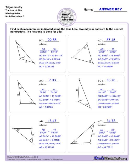 10th and 11th grade trignometry problems with triangles using the sine, cosine, tangent functions. These worksheets include problems involving right-angled triangles and functions are used to solve for the other interior angles.  Trigonometry Sine Law Missing Side V3
