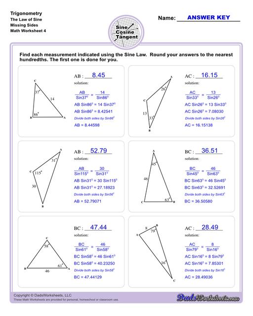 10th and 11th grade trignometry problems with triangles using the sine, cosine, tangent functions. These worksheets include problems involving right-angled triangles and functions are used to solve for the other interior angles.  Trigonometry Sine Law Missing Side V4