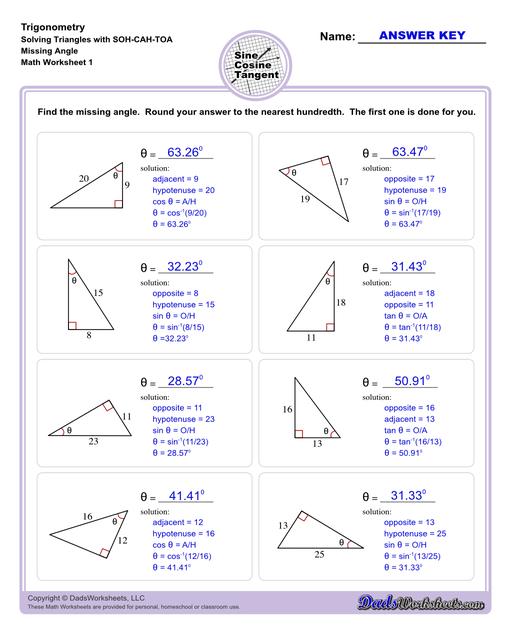 10th and 11th grade trignometry problems with triangles using the sine, cosine, tangent functions. These worksheets include problems involving right-angled triangles and functions are used to solve for the other interior angles.  Trigonometry Sohcahtoa Missing Angle V1