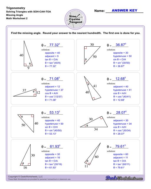 10th and 11th grade trignometry problems with triangles using the sine, cosine, tangent functions. These worksheets include problems involving right-angled triangles and functions are used to solve for the other interior angles.  Trigonometry Sohcahtoa Missing Angle V2