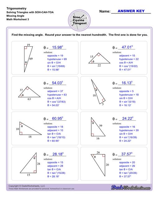 10th and 11th grade trignometry problems with triangles using the sine, cosine, tangent functions. These worksheets include problems involving right-angled triangles and functions are used to solve for the other interior angles.  Trigonometry Sohcahtoa Missing Angle V3