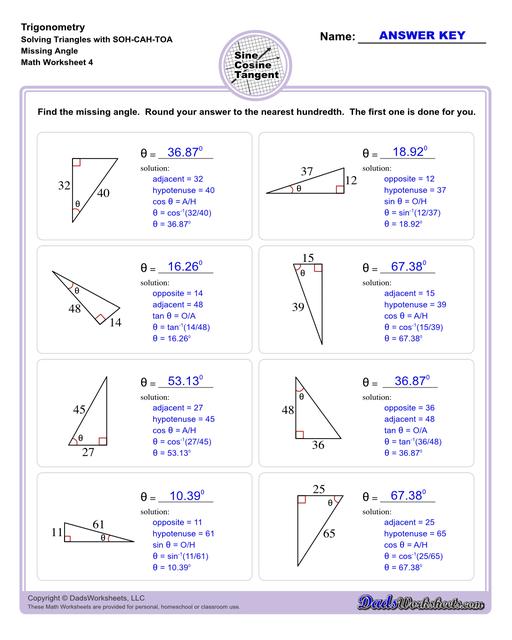 10th and 11th grade trignometry problems with triangles using the sine, cosine, tangent functions. These worksheets include problems involving right-angled triangles and functions are used to solve for the other interior angles.  Trigonometry Sohcahtoa Missing Angle V4