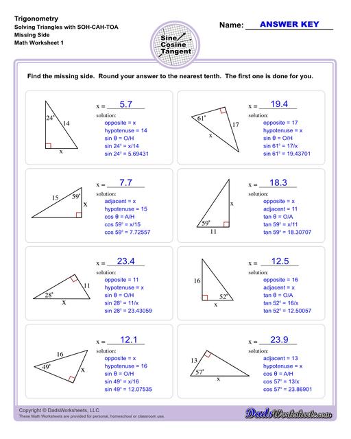 10th and 11th grade trignometry problems with triangles using the sine, cosine, tangent functions. These worksheets include problems involving right-angled triangles and functions are used to solve for the other interior angles.  Trigonometry Sohcahtoa Missing Side V1
