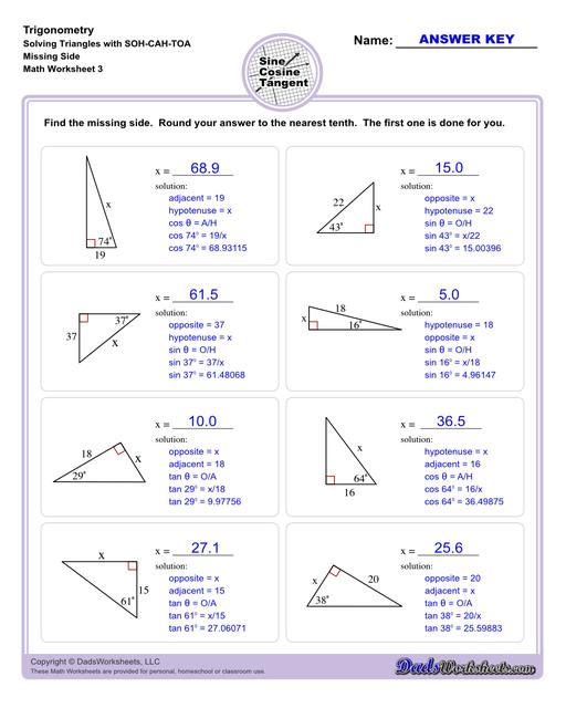 10th and 11th grade trignometry problems with triangles using the sine, cosine, tangent functions. These worksheets include problems involving right-angled triangles and functions are used to solve for the other interior angles.  Trigonometry Sohcahtoa Missing Side V3