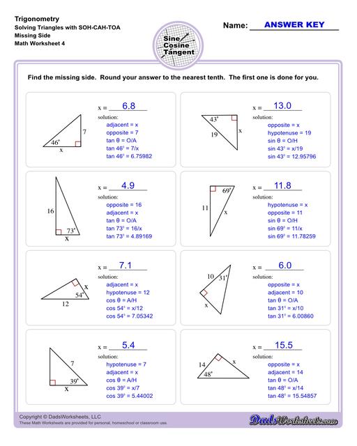 10th and 11th grade trignometry problems with triangles using the sine, cosine, tangent functions. These worksheets include problems involving right-angled triangles and functions are used to solve for the other interior angles.  Trigonometry Sohcahtoa Missing Side V4