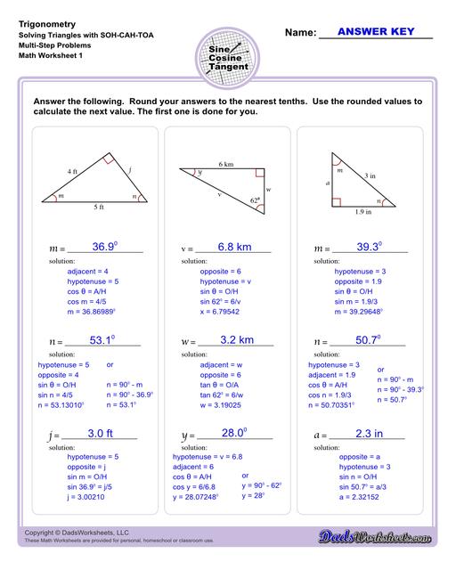 10th and 11th grade trignometry problems with triangles using the sine, cosine, tangent functions. These worksheets include problems involving right-angled triangles and functions are used to solve for the other interior angles.  Trigonometry Sohcahtoa Multi Step Problem V1
