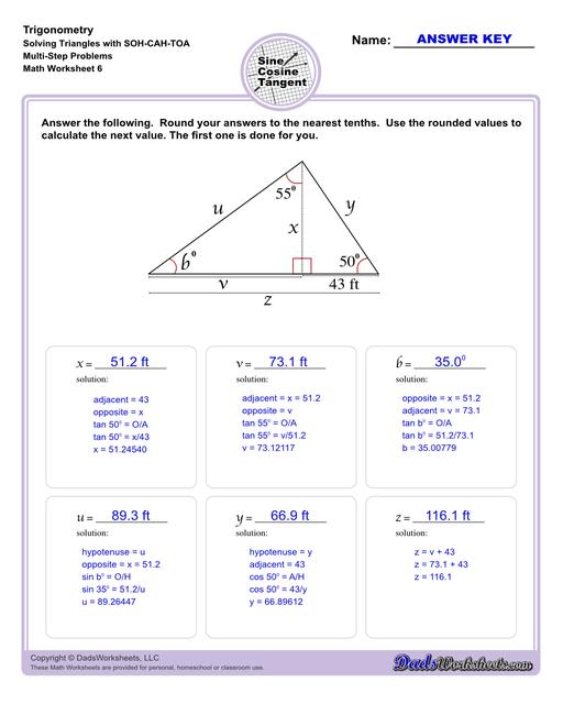 10th and 11th grade trignometry problems with triangles using the sine, cosine, tangent functions. These worksheets include problems involving right-angled triangles and functions are used to solve for the other interior angles.  Trigonometry Sohcahtoa Multi Step Problem V6