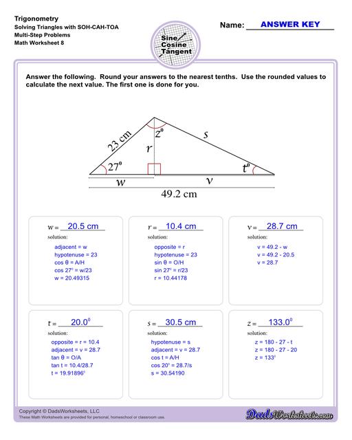 10th and 11th grade trignometry problems with triangles using the sine, cosine, tangent functions. These worksheets include problems involving right-angled triangles and functions are used to solve for the other interior angles.  Trigonometry Sohcahtoa Multi Step Problem V8