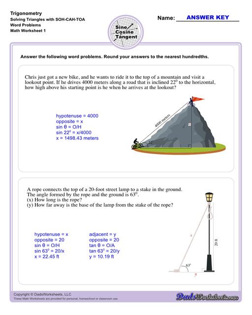 10th and 11th grade trignometry problems with triangles using the sine, cosine, tangent functions. These worksheets include problems involving right-angled triangles and functions are used to solve for the other interior angles.  Trigonometry Sohcahtoa Word Problems V1