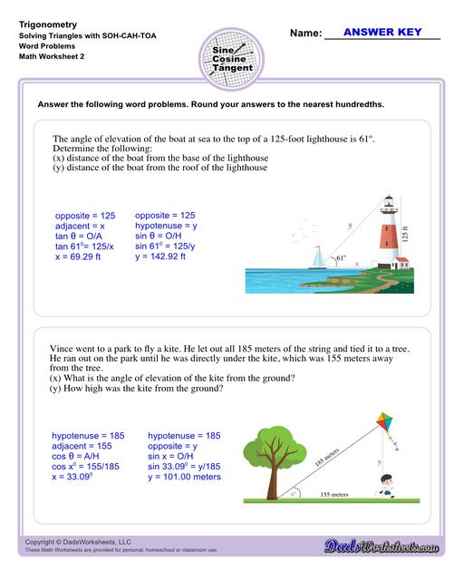 10th and 11th grade trignometry problems with triangles using the sine, cosine, tangent functions. These worksheets include problems involving right-angled triangles and functions are used to solve for the other interior angles.  Trigonometry Sohcahtoa Word Problems V2