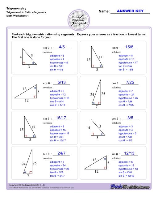 10th and 11th grade trignometry problems with triangles using the sine, cosine, tangent functions. These worksheets include problems involving right-angled triangles and functions are used to solve for the other interior angles.  Trigonometry Trigonometric Ratio Segments V1